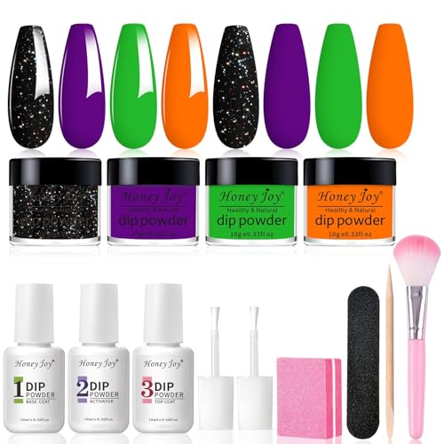 Honey Joy Dip Powder Nail Kit Starter 4 Colors Halloween Witch Black Pumpkin Orange Mystic Purple Dipping Powder Liquid Set with Base Top Coat for Nail Art Manicure Salon DIY Dip-7pcs-No.10