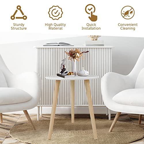ECOMEX Round End Table,Wood Side Table Accent Table, Small Coffee End Table Multipurpose Side Tables for Small Spaces Balcony Living Room Bedroom Office, White Desktop Natural Legs