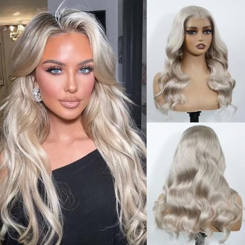 Image of Ash Blonde Wig Body Wave Lace Front Wig 22 Inch Human Hair Wig 180% Density | 13X4 UHD Realistic Lace Front Wigs Ash Blonde Wig Breathable Platinum Blonde Wig Ash Blonde Glueless Pre Cut Wigs for Women