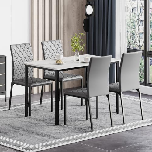 Image of Hello-5ive Dining Table and Chairs Set of 4, Modern Dining Table Set Kitchen Furniture, Marble Effect Dining Table with 4 PU Leather Dining Chairs, 120x70cm Dining Room Set for Home Apartment (Grey)
