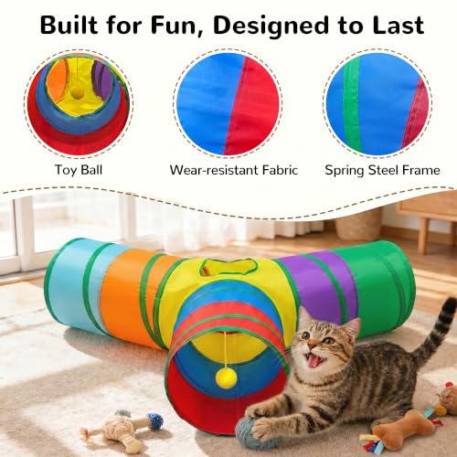 Image of Tempcore Cat Tunnel, 3-Way Collapsible Toy, Large Size Rainbow | Large Size 3-Way Cat Tunnel Provides More Room for Cats to Run, Hide and Chase, with Peek Holes, Hanging Ball and Teaser Wand