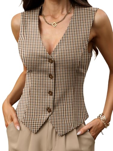 ELLEVEN Stretchy Knit Vest Tops for Women V Neck Fitted Button Down Vest Top Trendy Business Casual Outfits Waistcoat Brown Plaid Medium