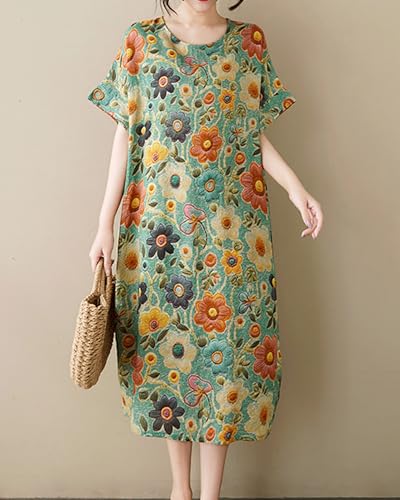 Image of LUZU JUNU Women's Summer Baggy Plus Size Loose Cotton Linen Long Boho Beach Dress with Pockets