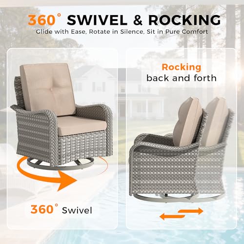 8-Seat Outdoor Wicker Patio Furniture Set with Fire Pit Table, Modular Rattan Sectional Sofa & 2 Swivel Rocking Chairs, 4" Thick Cushions, Rust-Resistant Frame,Beige - Image 6