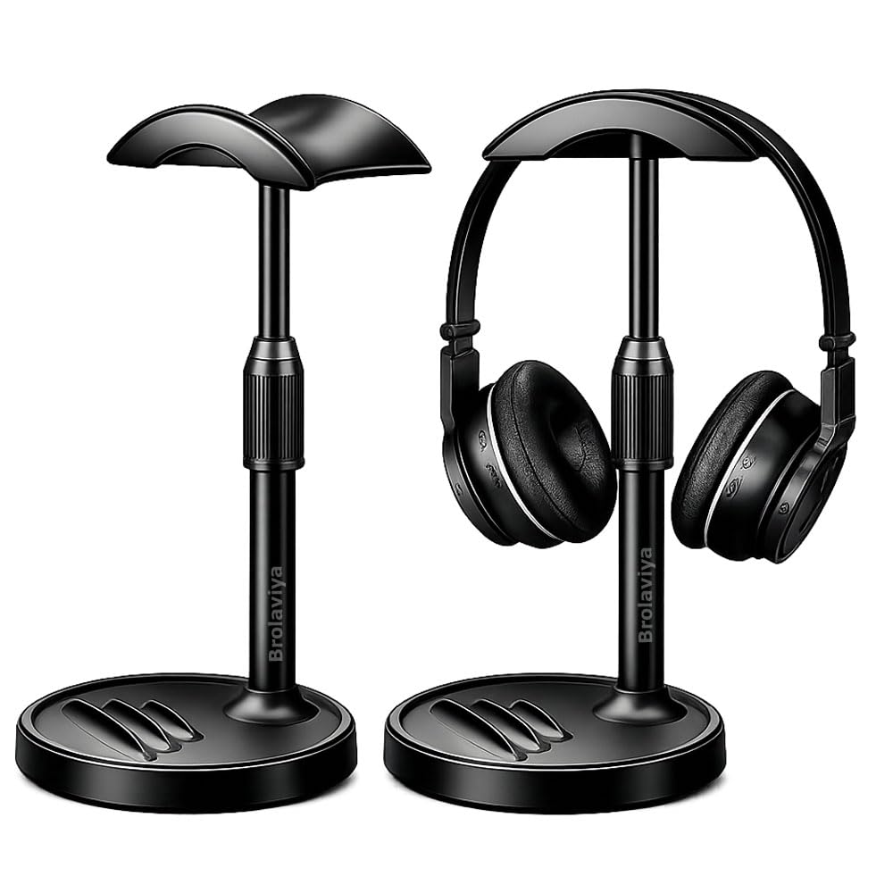 BROLAVIYA Headphone Stand for Desk, Adjustable Height Headset Holder with Built-in Phone Stand, Universal Gaming Headphone Stand, Stable Weighted Base for Over-Ear & On-Ear Headphones, Black-image-32