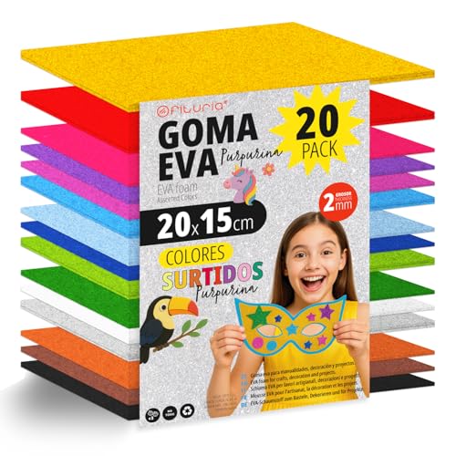 OFITURIA Pack 20 Hojas Goma Eva, Colores Surtidos Purpurina, Tamaño 20x15cm, 15 Colores Diferentes Ideales para Proyectos Creativos, Manualidades, Uso Escolar, Profesional (Con Purpurina)
