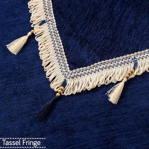 Image of HOKIPO 'Serenity Tassel' Chenille Sofa Cover 5 Seater Set with Tassels - Washable 3+1+1 Sofa Cover Mat | Sapphire Navy (IN-890 * 2 + IN-892 - NBL)