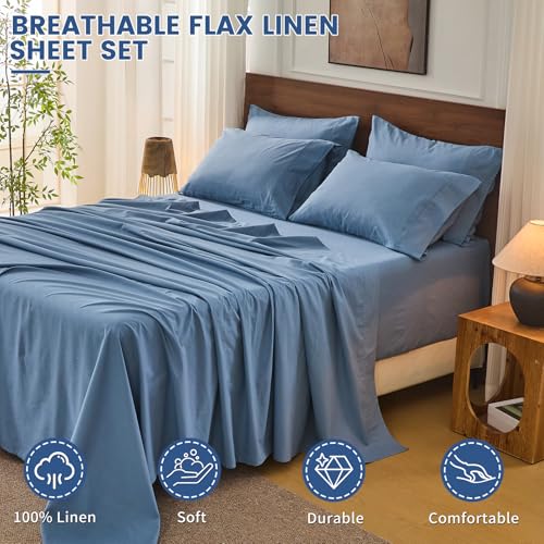 Image of Bedlifes 100% French Linen Queen Bedding Set - 18-24 inch Extra Deep, 4-Piece | Soft & Durable, Breathable & Cooling, Flax Linen Sheet, OEKO-TEX Certified, Moisture Wicking, Easy Care, Machine Washable