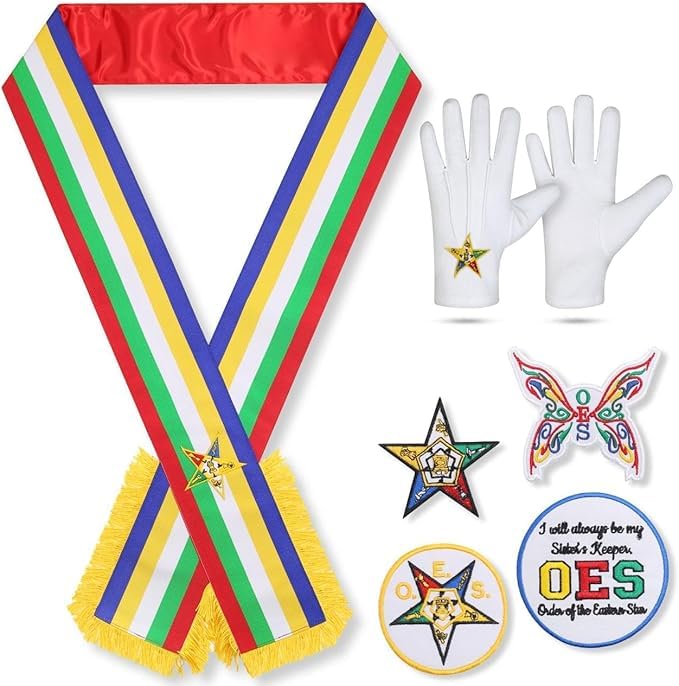 Masonic Order of Eastern Star OES 5-Color Reversible Sash Set with Gloves & Embroidered Patches Double-Sided Regalia Collar with Fringe White Gloves & 4 OES Badges
