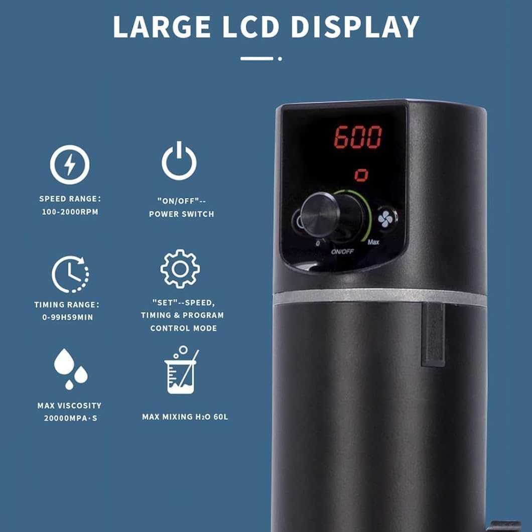 Agitador Superior Digital 100-2000RPM con LCD | Agitador potente de 60 N·cm para hasta 20,000 mPa·s, modelos de 20L/40L/60L, motor de corriente continua silencioso(20L)