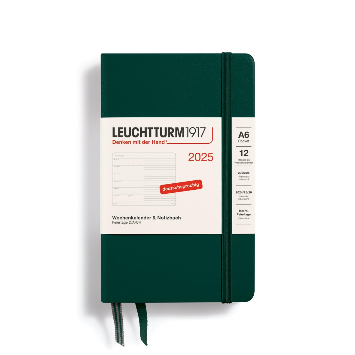 LEUCHTTURM1917 370502 Weekly Calendar & Notebook 2025, Pocket A6 Hardcover - 12-Month Planner, 80 g, Lined - Forest Green