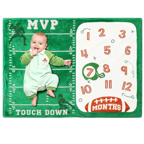 Image of Gicoherero Football Baby Monthly Milestone Blanket Sports Month Blankets Growth Chart Nursery Swaddling Blankets Gift Ideas for Newborn Baby Shower Photography Background Prop Soft Plush