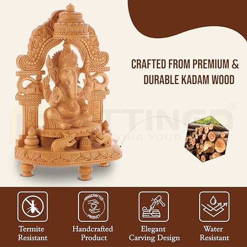 Image of Wooden Ganesh Idol /Handcraft Ornate Temple Arch Ganesh Murti /Wooden Ganesha Statue for Home Decor /Ganpati Murti for Home Temple, Pooja Room, Office & Festive Gifting (13 Inch)