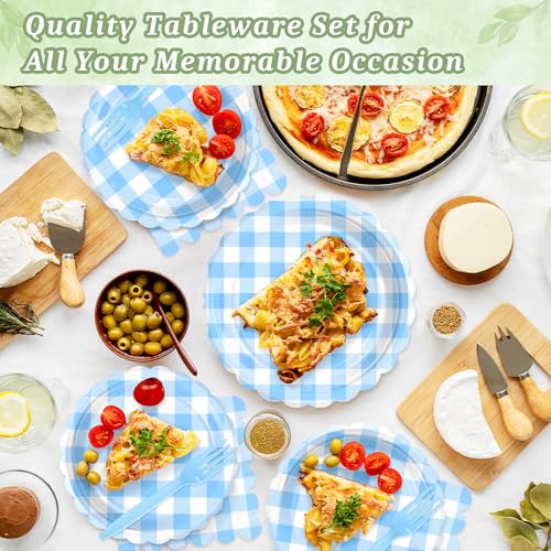 Image of 100 Light Blue Gingham Paper Plates and Napkins Disposable Set for Party
