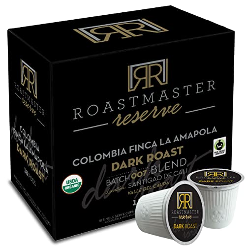 Roastmaster Reserve Dark Roast Coffee (Colombia Finca La Amapola) - 18Ct. Single Origin Colombian Coffee, Solar Energy Produced Recyclable Small Batch Roasted Dark Roast Coffee Pods, Kcup Compatible #TOP1