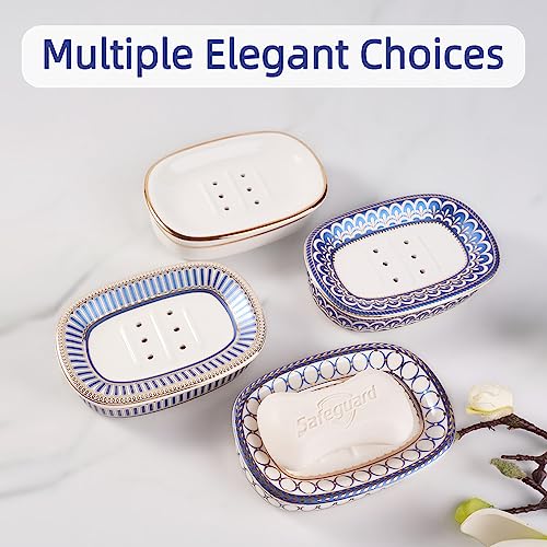 Self Draining Soap Dish, Double-layer Bar Soap Tray, White Ceramic Soap Dish with Elegant Patterns (White With Gold Line) - Image 3