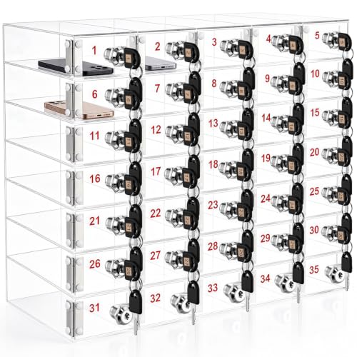Image of Layhit Clear 35 Slots Cell Phone Locker Box for Classroom Clear Acrylic Cell Phone Storage Cabinet Bin with Door Locks for Classroom School Students Office Factory Employees