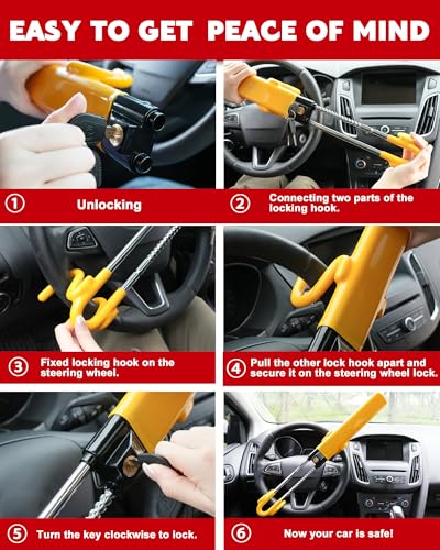 Image of Tevlaphee Steering Wheel Lock - Heavy Duty Antitheft Device and Car Security Lock with Adjustable Locking and 3 Keys - Great Vehicle and Truck Deterrent (Yellow)