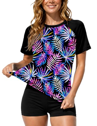 Image of AOBUTE Women Short Sleeve Rash Guard UPF 50+ Tropical Sun Protection Floral Swim Shirts