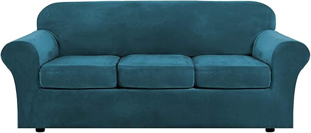 LINGKY Velvet Sofa Cover with 2 Separate Cushion Covers, Stretch Ultra Soft Plush Sofa Slipcover Replacement Anti-Slip Furniture Protector with Elastic Bottom (Deep Teal,3 Seater(173-229cm))