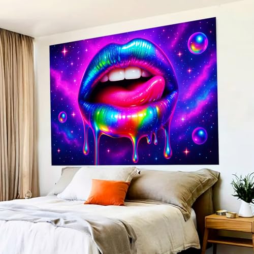 Image of BlissYard Neon Lips Galaxy Blacklight Tapestry Glow In The Dark UV Reactive Wall Hanging With Psychedelic Space Drip Poster Black Light Tapestries For Bedroom Party Decor 78x59 Inch