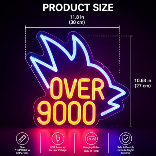 Image of inchOver 9000 inchNeon Sign for Wall Decor, 11.8 inch x 10.6 inch Dimmable USB Japanese Anime LED Light, - Funny Gamer Decor for Bedroom, Game Room, Man Cave, Power Level Gift
