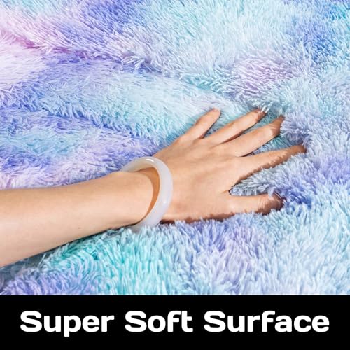 Fluffy Tie-dye Blue Circle Rug - 4FT Super Soft Plush Shaggy Carpet for Kids' Room