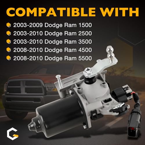 Image of Front Windshield Wiper Motor Compatible with Dodge Ram 1500 2500 3500 4500 5500 3.7L 5.7L 5.9L 6.7L 8.0L 8.3L, 5 Pin Windshield Linkage Wiper Motor Replace 55077098AC 55077098AF 55077098AJ