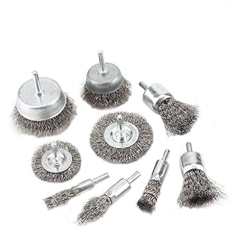 Kuofu 9Pcs Stainless Steel Wire Wheel & Cup Brush Set with 1 4   Round Shank 0.0118In Coarse Crimped Carbon Steel Drill Brush for Drill Removal of Rust Corrosion Paint