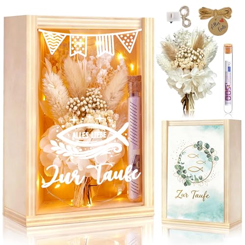 Taufgeschenke für Mädchen und Jungen Geldgeschenk Taufe inklusive Getrocknete Blumen Holzbox Kunststoff Reagenzglas Lichterketten Taufkarte Kreative Geschenke zur Taufe