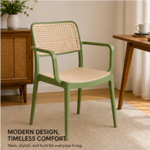 Image of NARSA Modern Rattan Style Dining Chair for Home & Cafe | Cane Pattern Plastic Chair with Ergonomic Backrest | Lightweight & Durable Indoor Outdoor Seating Chair (Green, with Arm, Set of 2)