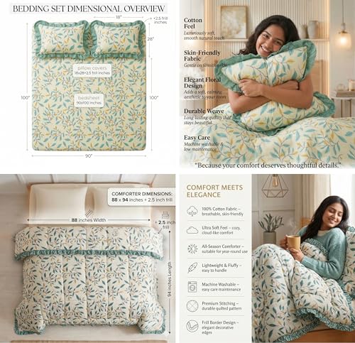 Image of BSB HOME 4 Piece Bed in a Bag Set - Cotton Feel 280 TC Bedsheet with Comforter & 2 Frill Pillow Covers, Soft Luxury Bedding Set for Double /King Size Bed, Ideal Gift Set (French Vanilla)