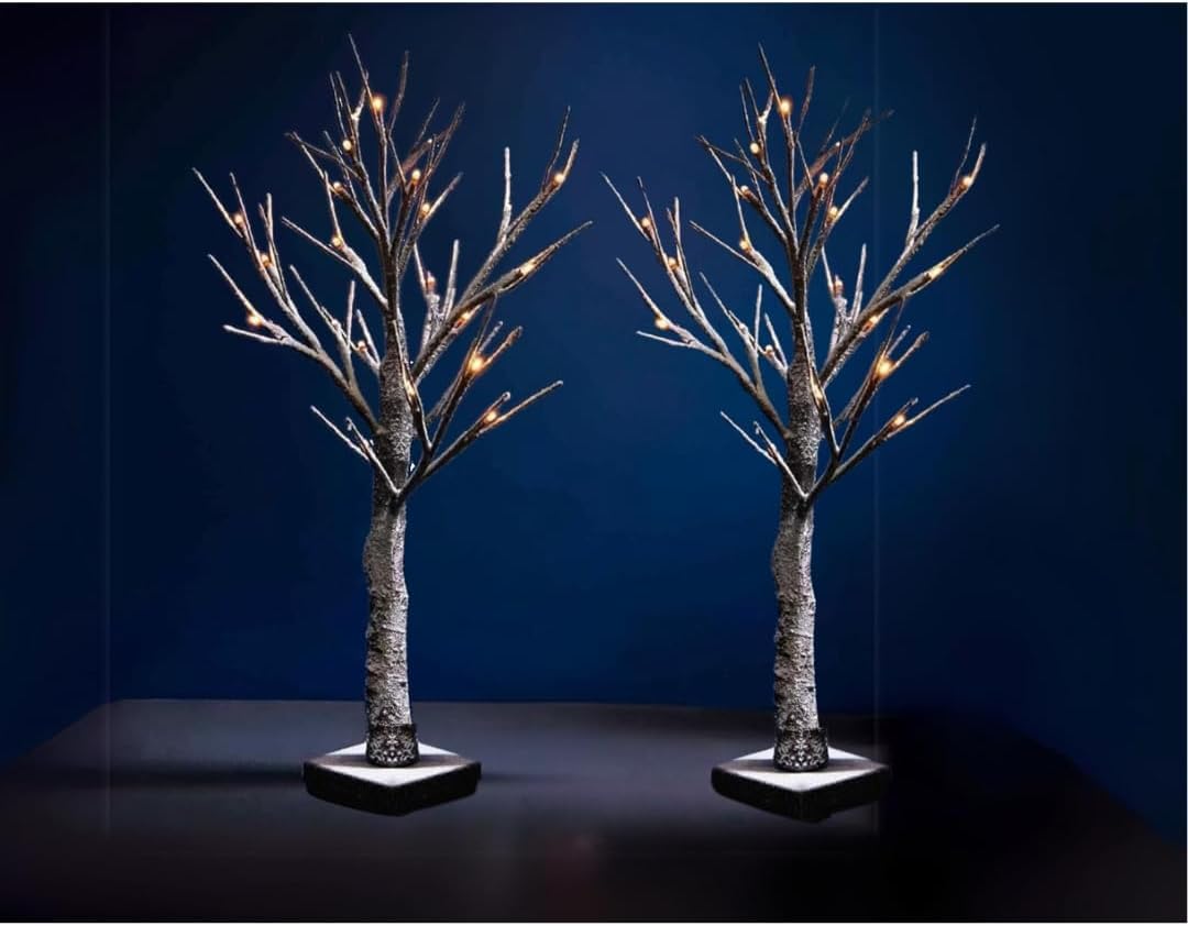Trendi® Christmas Snowy Twig Tree Warm White LED Light Up Artificial Twig Christmas Decoration Indoor Outdoor (2 FT Twig Tree x 2) — image 1