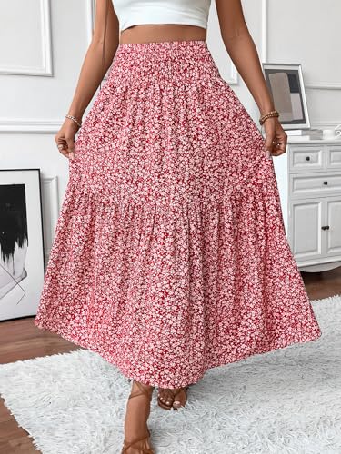 Women's Smocked High Waist Maxi Skirt Casual Boho Long Skirts with Pockets - Image 4