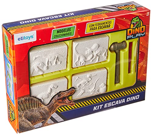 Etitoys Kit escava dinossauro 7 peças, Pedra de Gesso: Branco; Martelo: Verde; Talhadeira: Vermelho