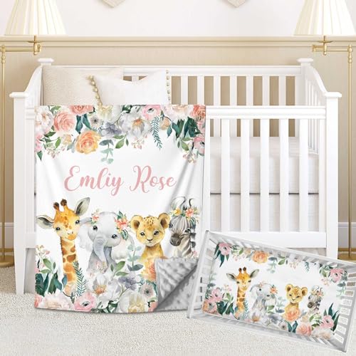 Naseagleeye Personalized Crib Bedding Set for Baby Girls, Custom Floral Animals Baby Crib Bedding Set with Name, 2 Piece Nursery Bedding, Name Crib Comforter Crib Fitted Sheets for Newborn Babies