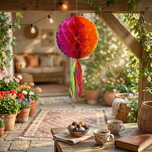 Image of TIPTOP DECORATION Premium 6 pcs 30 cm Paper Honeycomb Pom Pom Balls with 30 cm Tassel (Artistic Hanging Decor) (Carnival Multi)