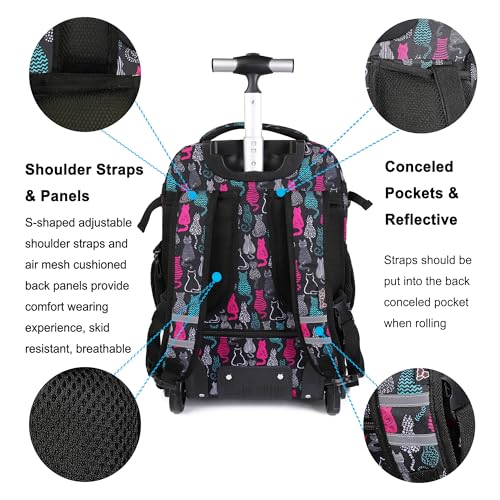 Image of Rolling Backpack 19 inch Wheeled Boys Girls Travel School Student Trip, Cat Black, 35 liters