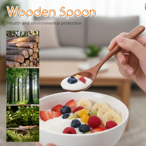 Image of Thinp 2 Pcs Wooden Spoons for Eating, 7 Inch Wood Soup Spoons Long Handle Wood Teaspoons Woods Table Spoon for Cooking Wooden Serving Spoon for Tea Coffee Honey Desserts Cereal