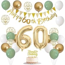 60th Birthday Decorations for Men Women, Sage Green White Gold Balloons With Happy 60th Banner, Cake Topper, Number 60 Foil Balloon for 60 Year Old Party Decoration