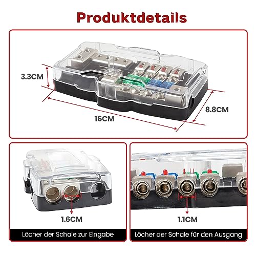 RED WOLF KFZ Verteilerblock Autobatterie Stromverteiler 4-Wege-Sicherungshalter für Auto Wohnmobil LKW Boot Marine Radio Audio Stromverteilerblock Abgesichert