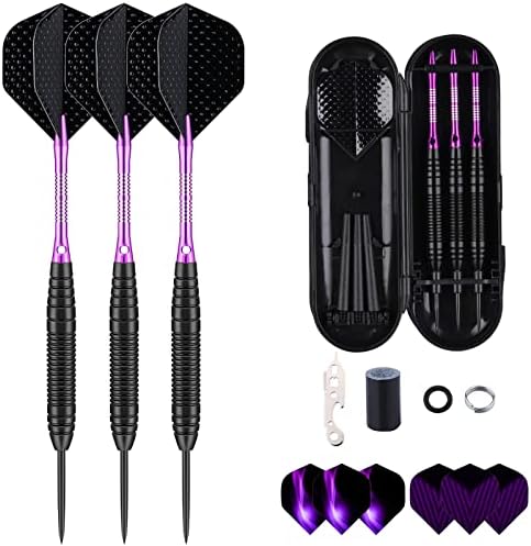 sanfeng Steel Tip Darts Set for Dartboard, Professional Darts with Metal Tip 22 Grams Purple Aluminium Shafts 9 Flights 50 Rubber O-Rings 12 Spring Rings 1 Dart Sharpener Tool