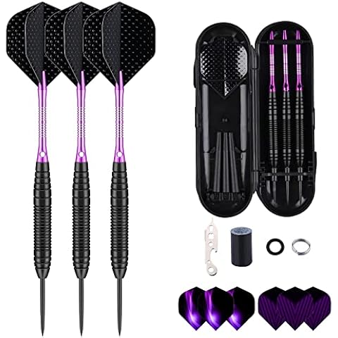 sanfeng Steel Tip Darts Set for Dartboard, Professional Darts with Metal Tip 22 Grams Purple Aluminium Shafts 9 Flights 50 Rubber O-Rings 12 Spring Rings 1 Dart Sharpener Tool Cover