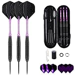 sanfeng Professional 3 Pack 22 Grams Steel Tip Darts Set With Purple Aluminum Shafts 9pcs Standard Flights + 50pcs Rubber O-Rings + 12pcs Spring Rings + 1pcs Dart Sharpener Tool