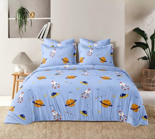 Image of Microfibre Printed Bed Kids Room Bedsheet with Pillow Covers (Blue, Double)