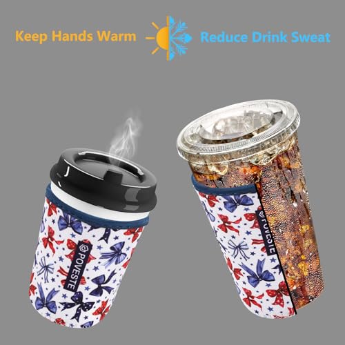 Image of Reusable Neoprene Insulator Sleeve for Iced Coffee & Cold Soda, Coffee Sleeves for Iced & Hot Drinks, Cold Beverage Cooler Compatible with Starbucks, Dunkin (Bow&Patriot, Medium: 22-24oz)