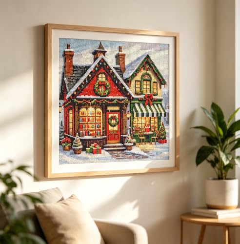 Image of Christmas House Stamped Cross Stitch Embroidery Starter Kit for Adults | 11CT Christmas Needlepoint Counted Cross-Stitch Patterns Dimensions Kit Arts and Crafts Home Decor 14x14inch