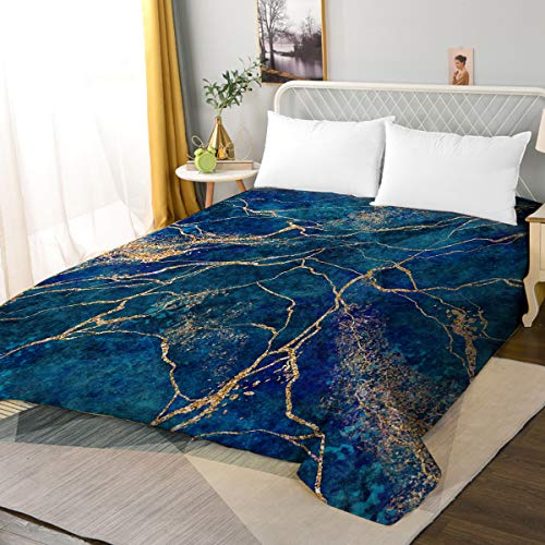 BlessLiving King Bedding Flat Sheet, Marble Design, Ultra Soft and Wrinkle, Fade, Stain Resistant Top Sheet, 1 Piece, Blue Marble Gold Glitter