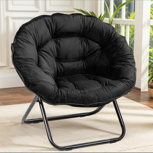 Grezone Folding Saucer Chair, Oversized Lazy Moon Chair with Metal Frame, Comfy Bedroom Chairs for Bedroom, Living Room, Study Black JC