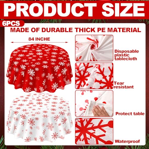 Image of Ganeen 6 Pcs Christmas Snowflakes Table Cover Decorations 84 Inch Red and White Plastic Tablecloth Winter Snowflake Holiday Party Decorations Table Cover for Christmas New Year Party Supplies